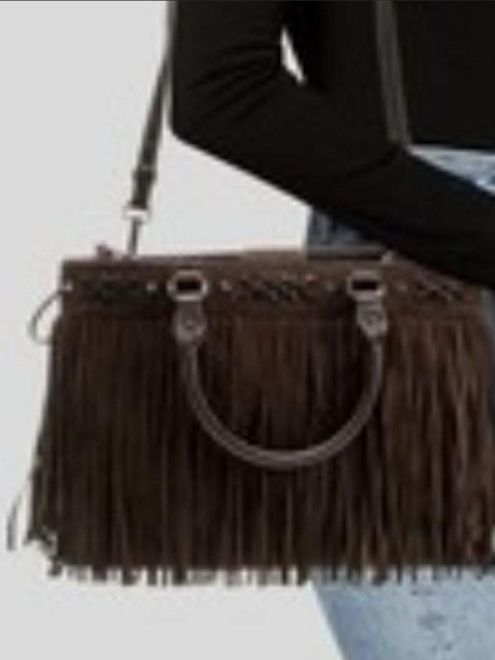 Lauren Ralph Lauren Chocolate Brown Suede Fringe Tote with Braided Trim - Picture 8 of 8